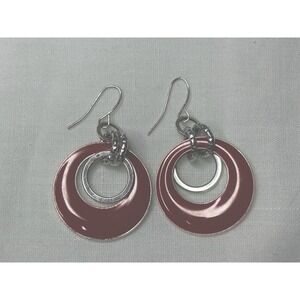 Vintage Red Dangle Enamel Round Earrings Hook Back Hammered Silver Tone‎